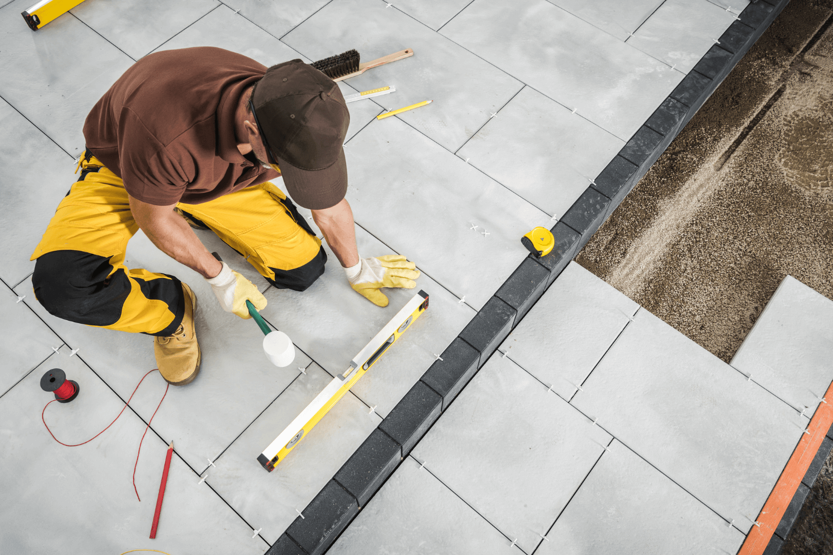 Construction worker kneeling, using a trowel to smooth concrete in a road joint, wearing orange vest and gloves.
