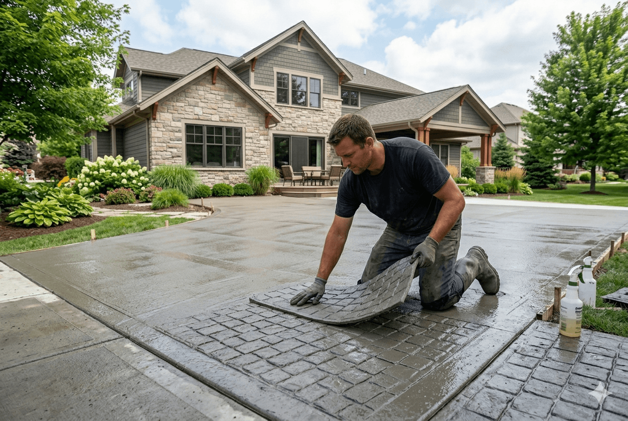 A person levels wet concrete sidewalk with a long screed. They wear boots and shorts. The setting is outdoors.