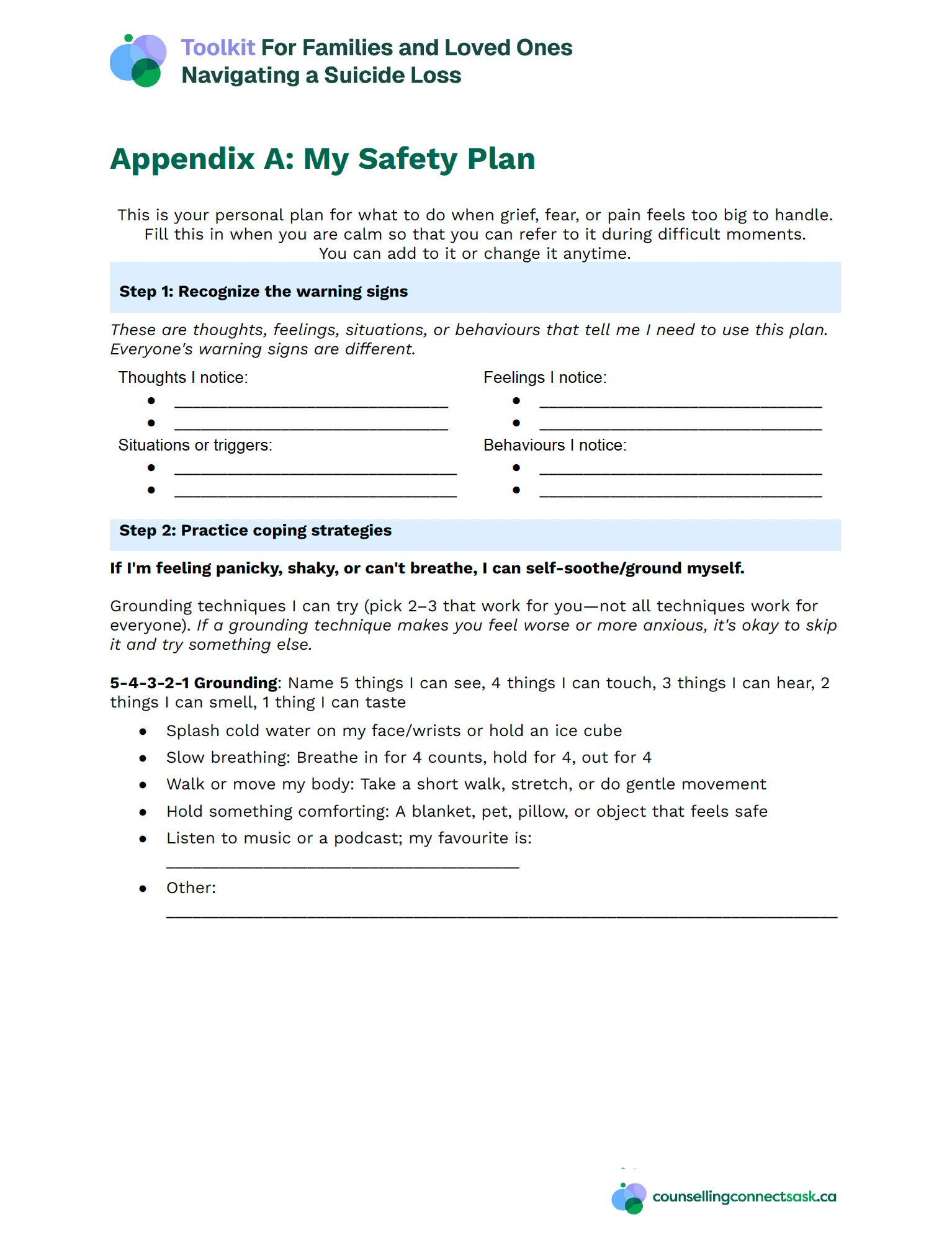 Screenshot of a document titled “Appendix A: My Safety Plan” with fill-in sections and bullet points.