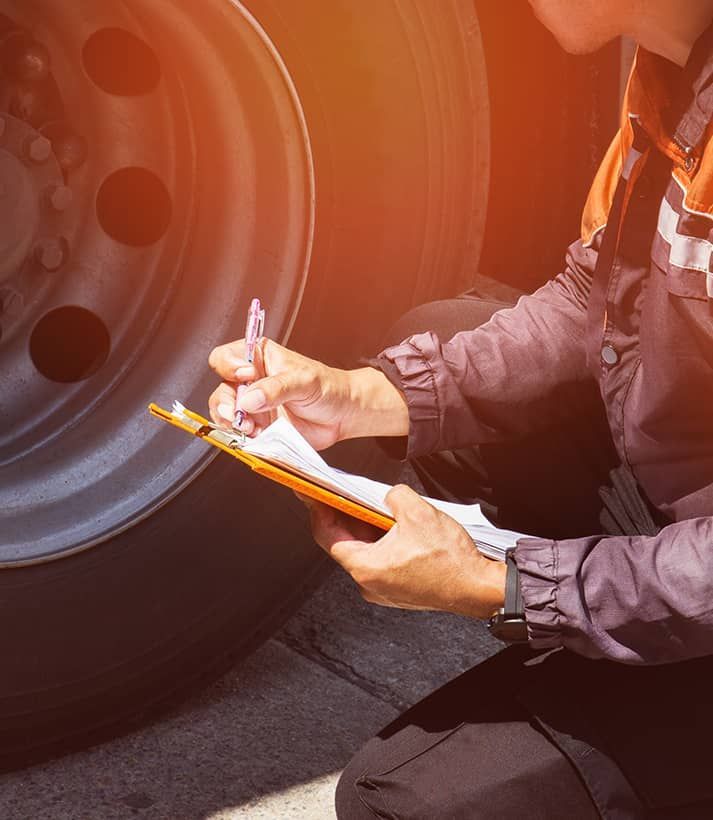 A man is kneeling down next to a truck and writing on a clipboard.