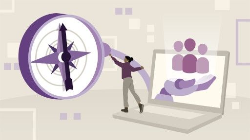 Person using compass to guide an image of people within a laptop. Purple, white color scheme.