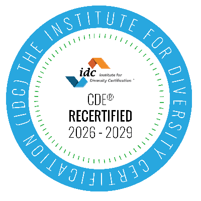 Certified Diversity Executive (CDE) certification badge: blue circle with