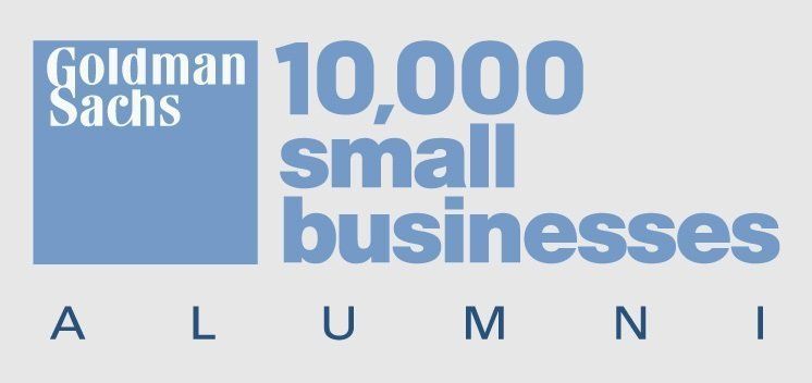 Goldman Sachs 10,000 Small Businesses Alumni logo in blue and white on a light gray background.