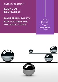 Book cover: “Equal or Equitable?” with silver spheres balancing on lines against a purple and white background.