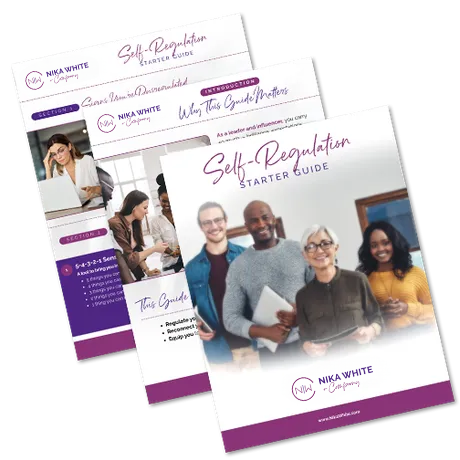 Self-Regulation Starter Guide: brochure with smiling people, purple accents, and text.