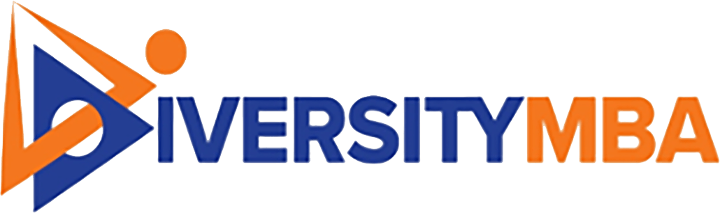 Diversity MBA logo with blue and orange shapes and text.
