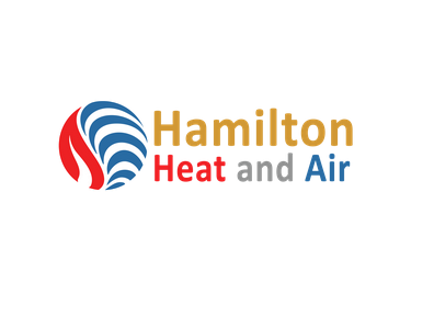 A logo for hamilton heat and air with a fireball in the middle.