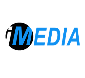 A blue and black media logo on a white background