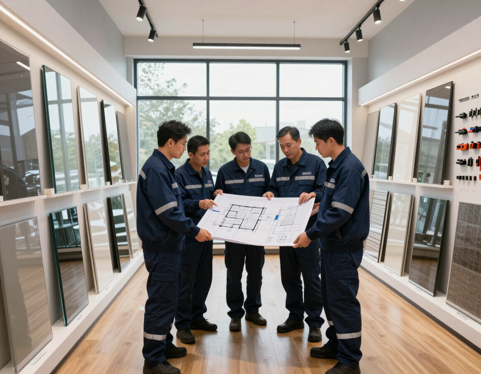 Especialistas de Servi Aluminio revisando soluciones en sala de exhibición