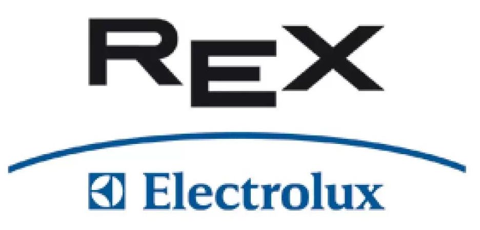 REX and Electrolux logos on a white background, with blue Electrolux text and icon