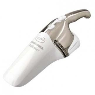 White and silver cordless handheld vacuum cleaner on a plain white background