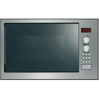 Built-in stainless steel microwave oven with black glass door and digital controls