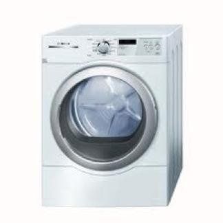 White front-loading washing machine with a round glass door and top control dial