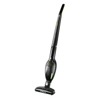 Black upright stick vacuum cleaner with floor brush attachment on a white background