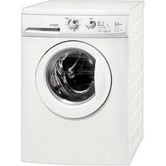 White front-loading washing machine with a round glass door and control knobs on top.