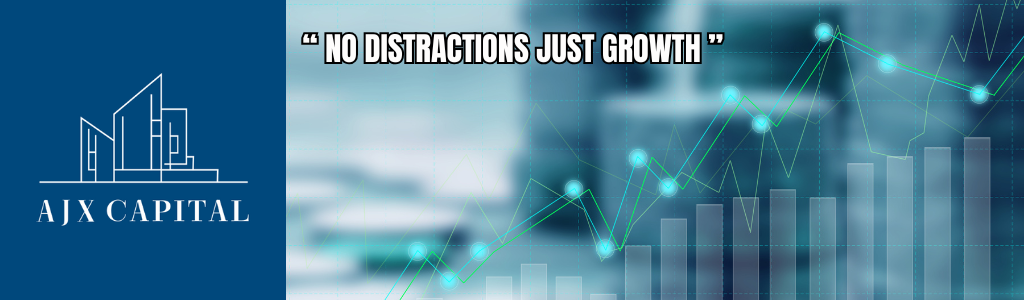AIX Capital logo with “No distractions, just growth” over a blue digital stock chart background