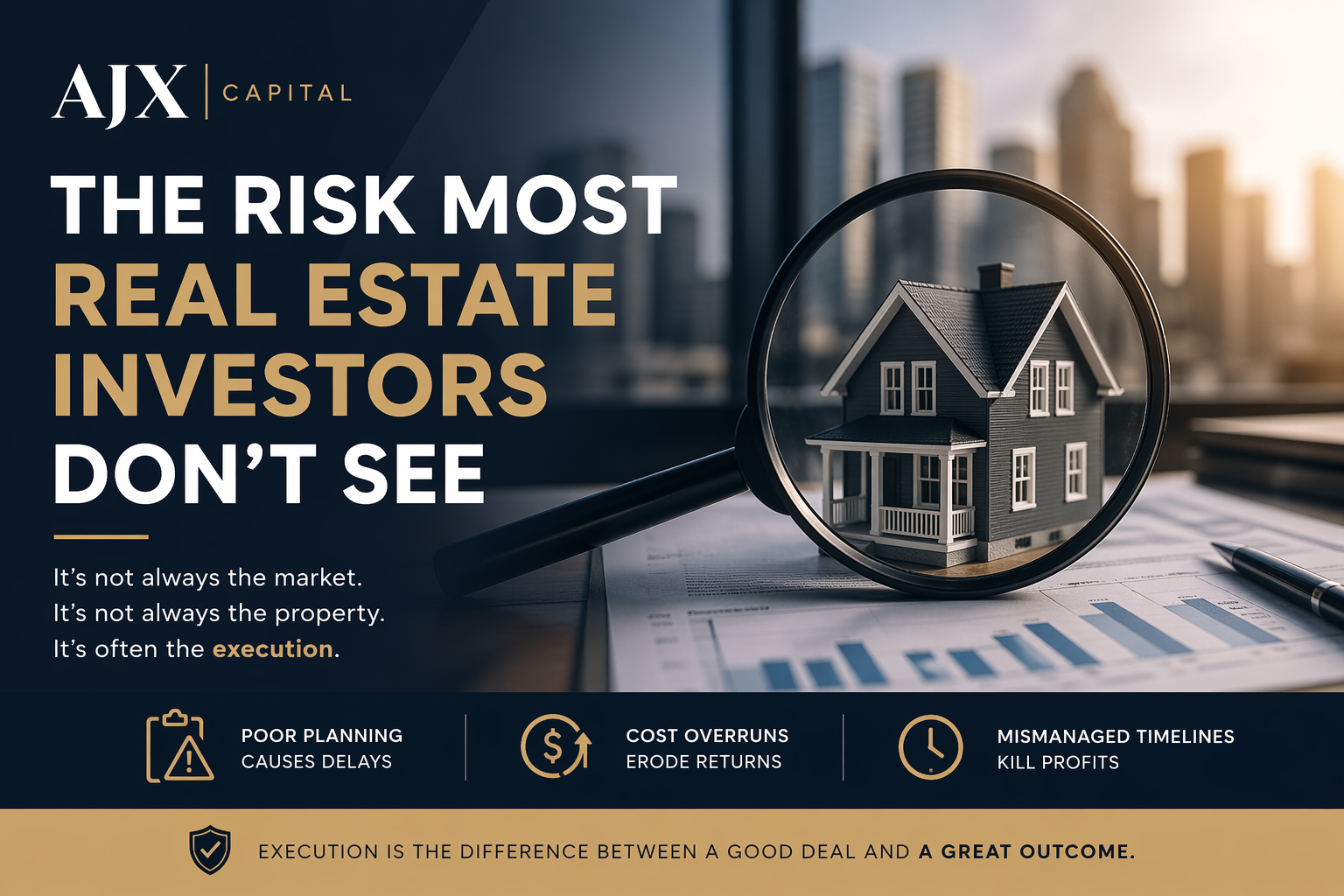 Real estate promo with city skyline, house under magnifying glass, and headline: “The risk most real estate investors don’t see.”