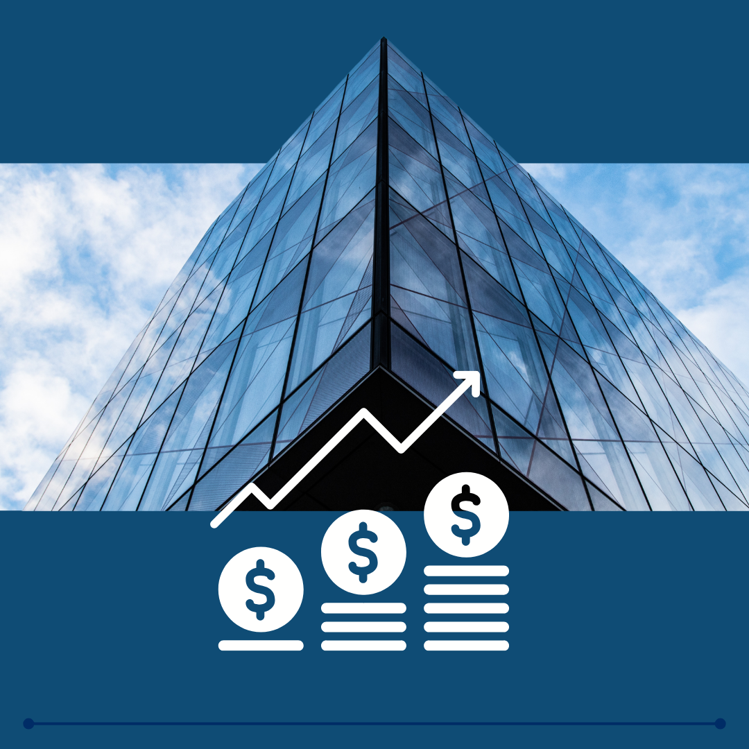 Glass office tower with rising line chart and dollar icons, symbolizing business growth