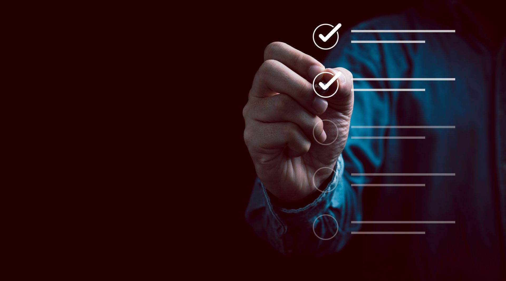Hand selecting checklist items on a blue digital interface against a dark red background