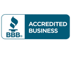 BBB Accredited Business logo with blue icon and text on white and teal background