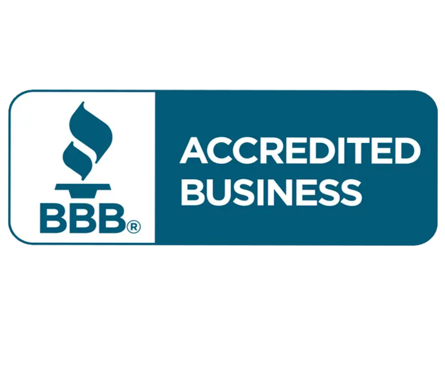 BBB Accredited Business logo with blue icon and text on white and teal background