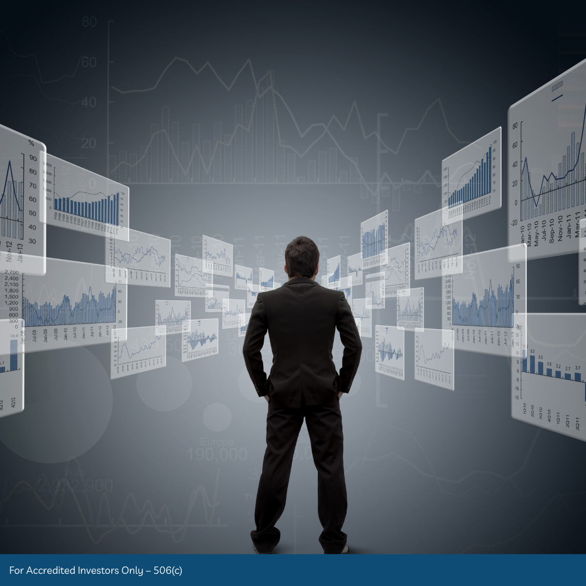 A person faces floating data charts in a dark, futuristic analytics workspace.