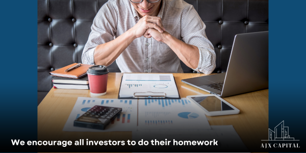 Investor at desk reviewing documents beside a laptop and coffee; text says, “We encourage all investors to do their homework.”
