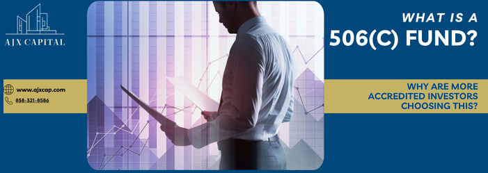 Banner for what is a 506(c) fund? with a man reading at a laptop in a blue office scene