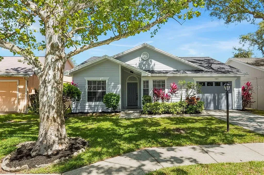 Single-story white house with gray roof, front lawn, large tree, and sidewalk in sunny daylight