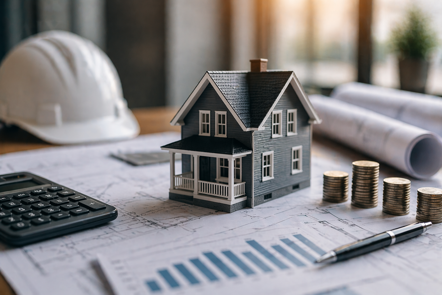 Miniature house model on blueprints with calculator, hard hat, pen, and stacked coins, suggesting real estate planning