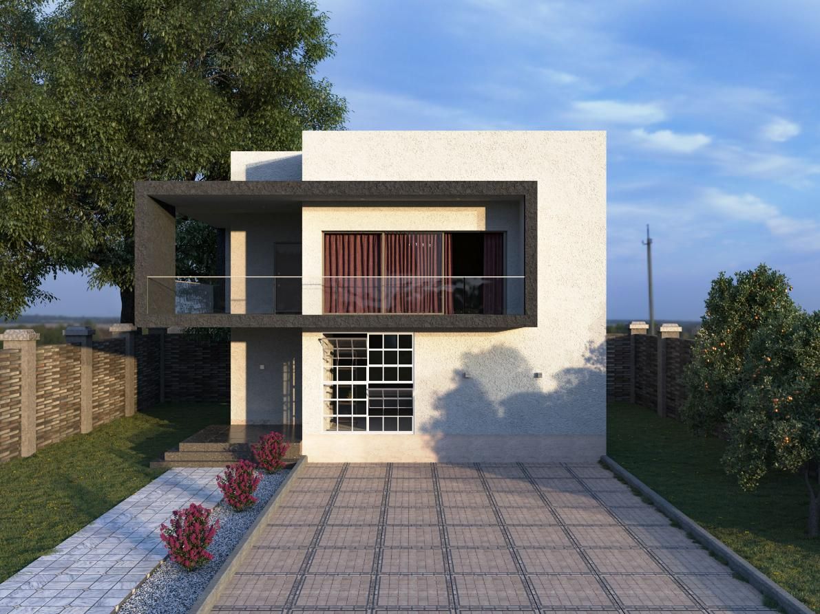 Modern two-story house with a front porch, large windows, and a paved driveway at sunset
