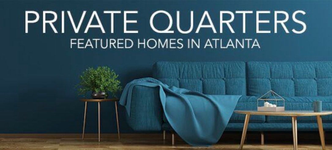 PRIVATE QUARTERS banner with a blue sofa, lamp, and plant; text reads “FEATURED HOMES IN ATLANTA”