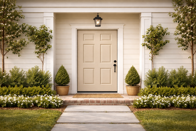 Beige front door with landscaping and a brick walkway.