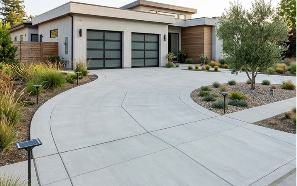 Curving concrete driveway leading to a modern luxury home garage.