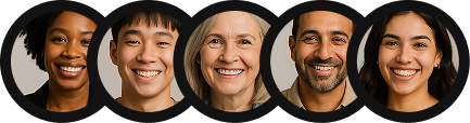 Five smiling faces in circular frames on a white background