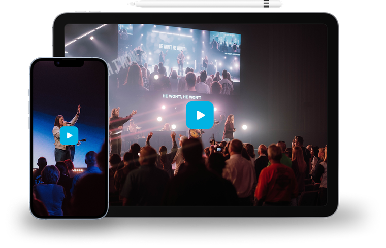 Smartphone and tablet showing a concert crowd on a dark stage with blue play icons overlaid