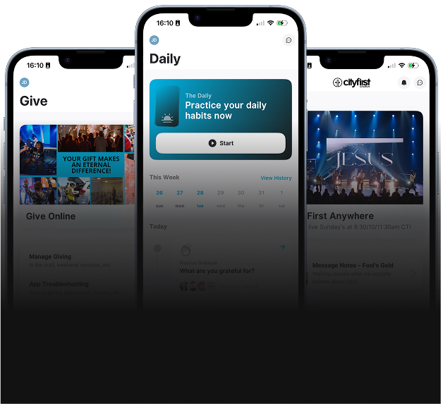 Three app screens on phones showing Give, Daily, and FAST workouts with dark UI and blue accents