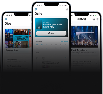 Three app screens on phones showing Give, Daily, and FAST workouts with dark UI and blue accents