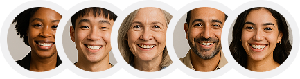 Five smiling faces in circular frames on a white background
