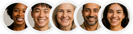 Five smiling headshots of diverse people on a light background