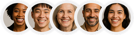 Five smiling headshots of diverse people on a light background