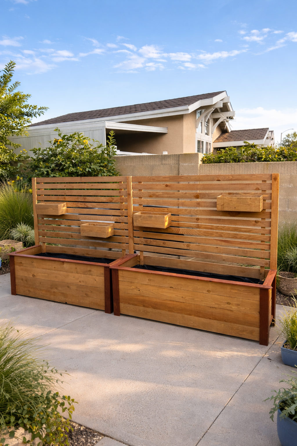 Wooden privacy screens and planters beside a concrete walkway in a modern garden courtyard.