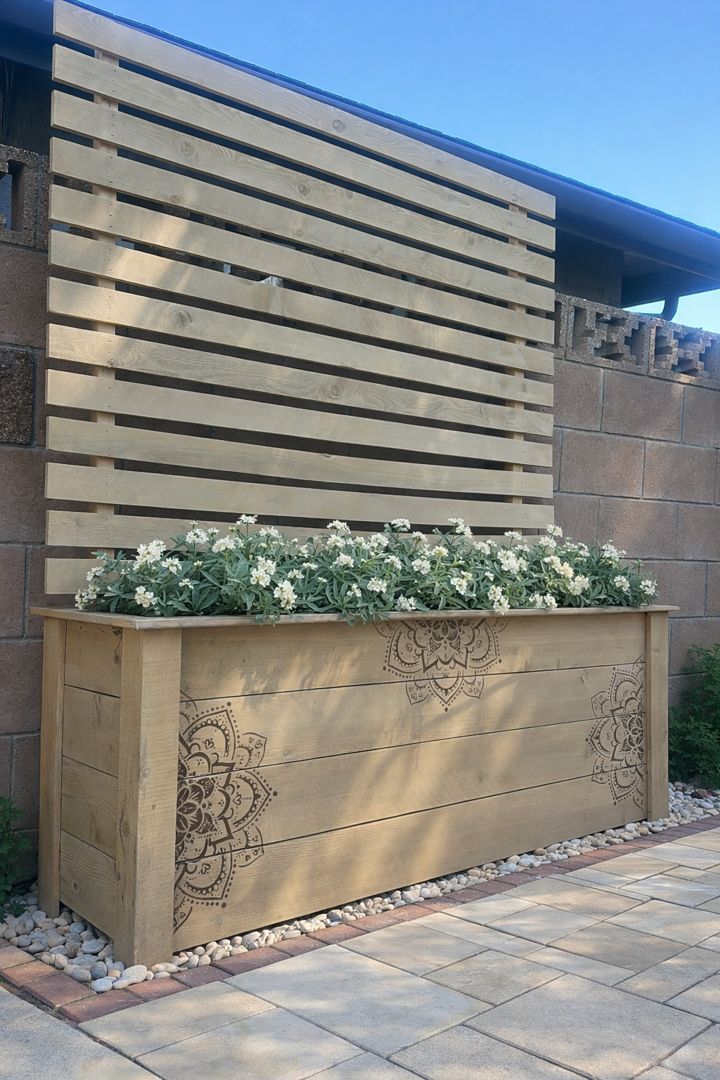 Large beige planter with white flowers beside a slatted wall and stone walkway outdoors