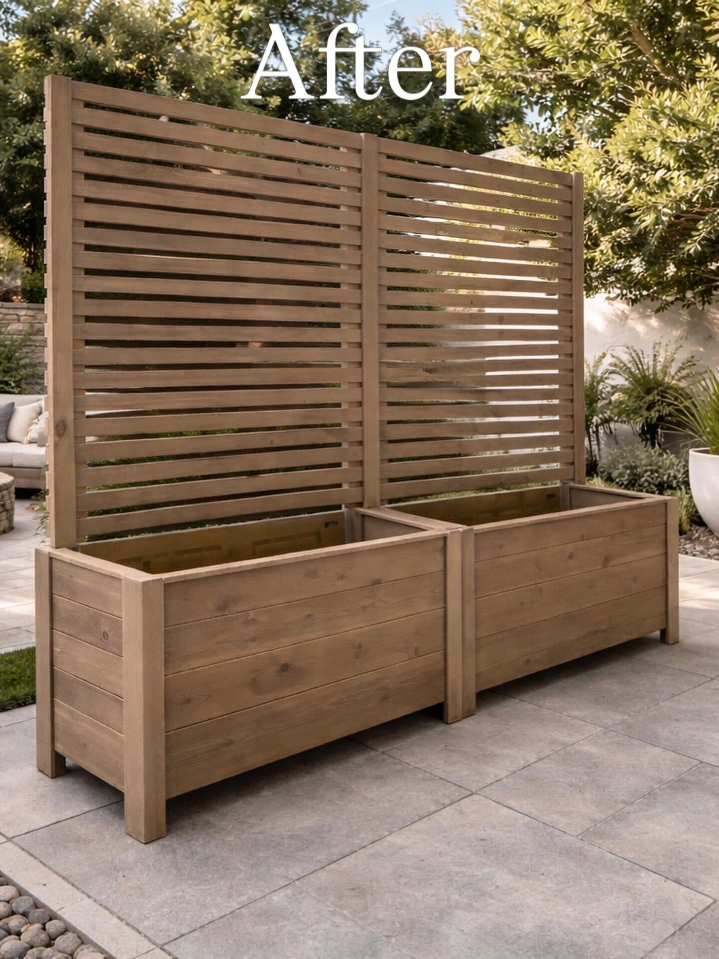 Wooden outdoor planter boxes with slatted privacy screen on a patio, labeled “After”