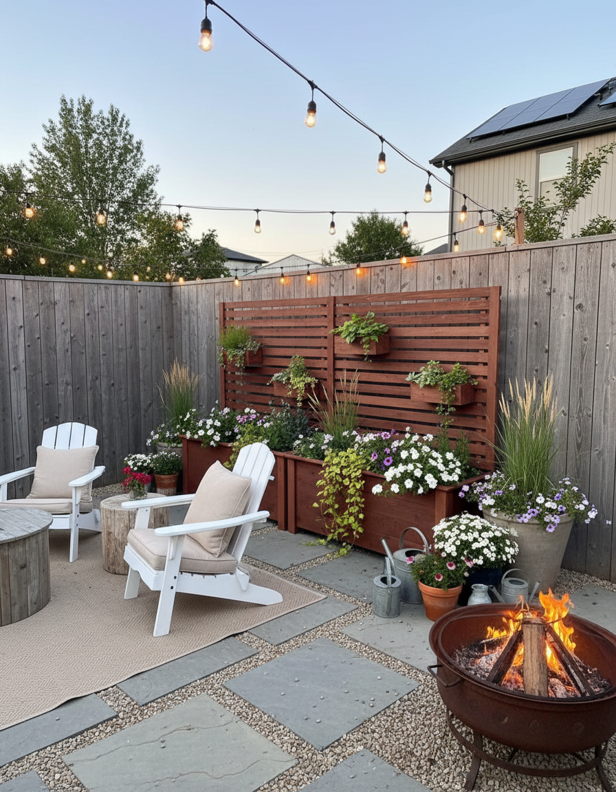 Cozy backyard patio with white chairs, potted flowers, string lights, and a fire pit at dusk