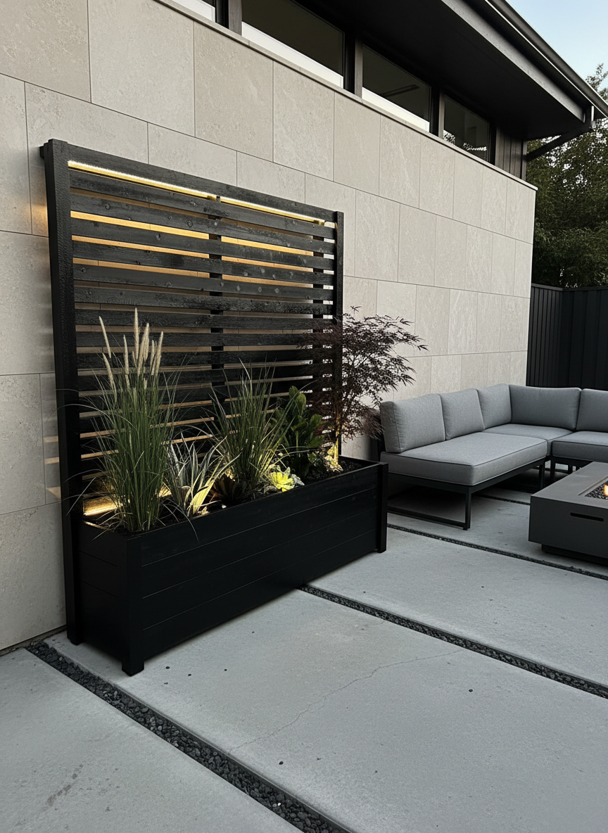 Modern patio with black planter wall, decorative grasses, and gray outdoor sofa on a concrete terrace