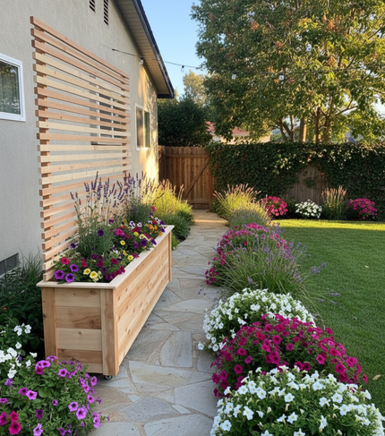 Garden path beside a house with wooden planter boxes filled with colorful flowers and a green lawn
