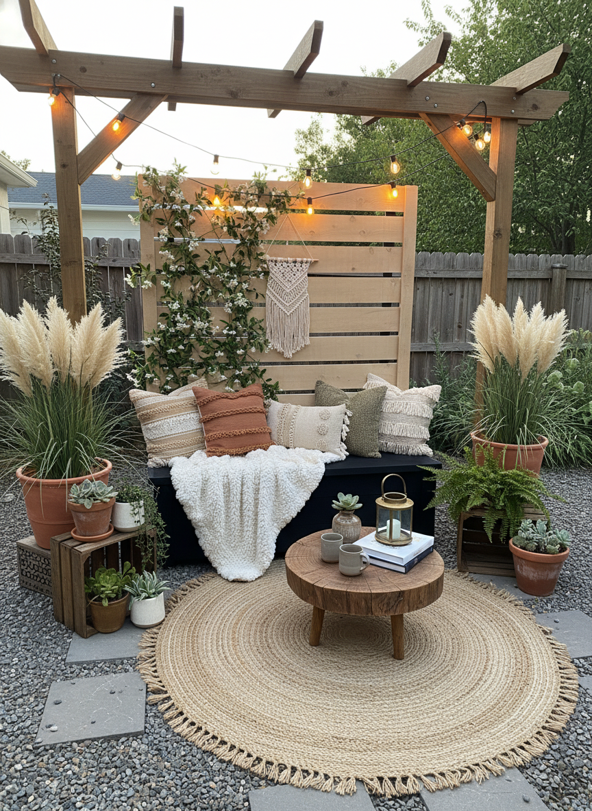 Cozy backyard lounge with wooden pergola, cushioned bench, round rug, coffee table, and potted plants at dusk