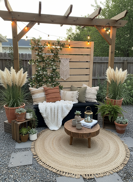 Cozy backyard lounge with wooden pergola, cushioned bench, round rug, coffee table, and potted plants at dusk