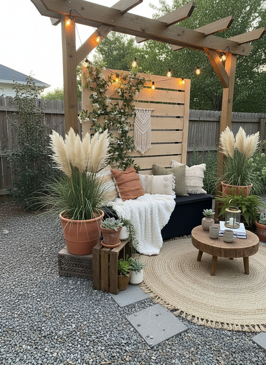Cozy backyard patio with pergola, potted plants, lounge chair, woven rug, and warm string lights